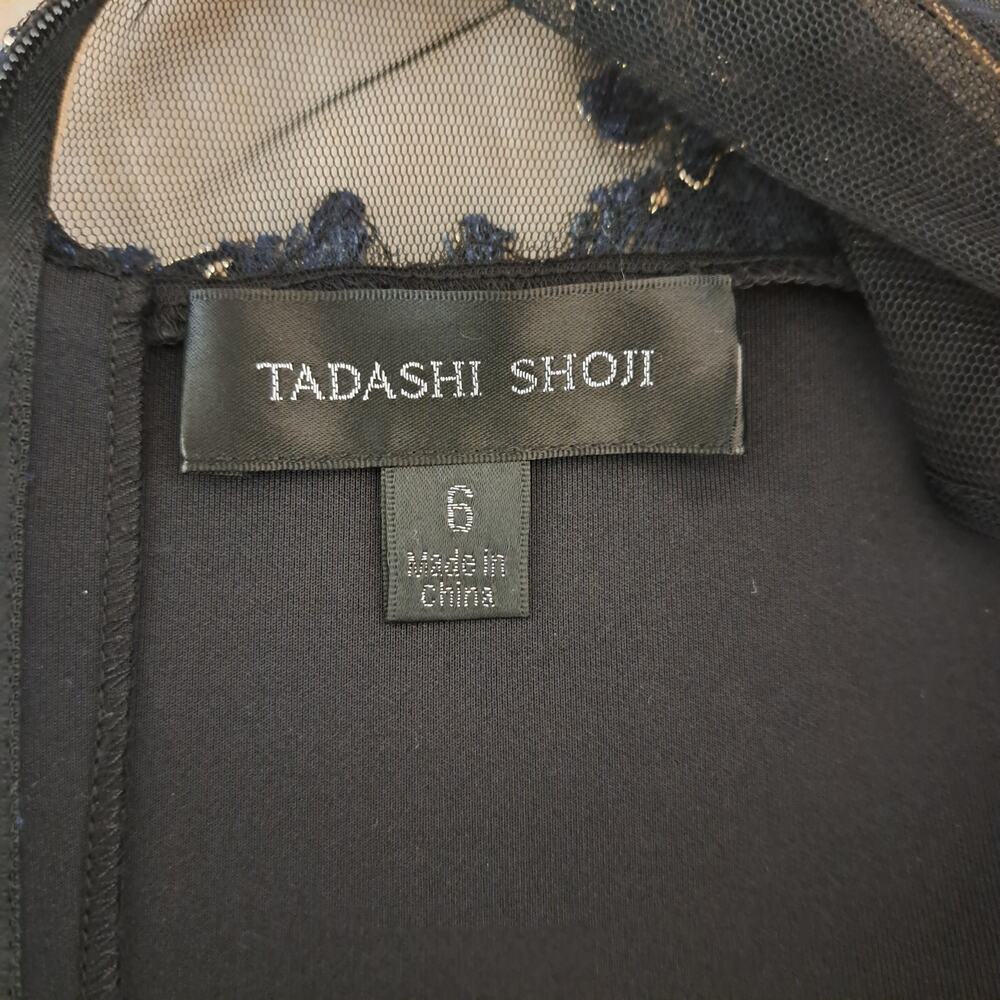 TADASHI SHOJI Cardea Embroidered Floral Tulle Cocktail Dress Size 6 Navy Gold - Picture 8 of 14